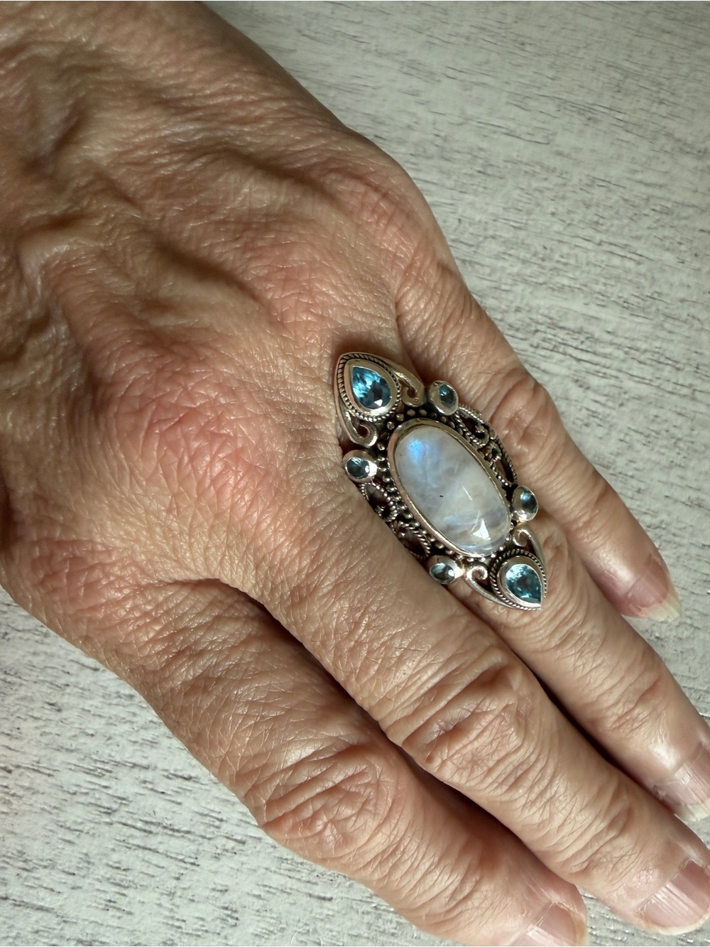 Sterling Silver-Plated Moonstone and Blue Topaz Marquise Ring - Picture 4 of 5